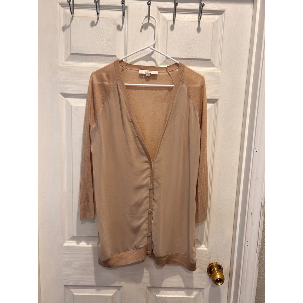 Ann Taylor LOFT Womens Large Tan Mixed Media Button Front Cardigan Sweater
